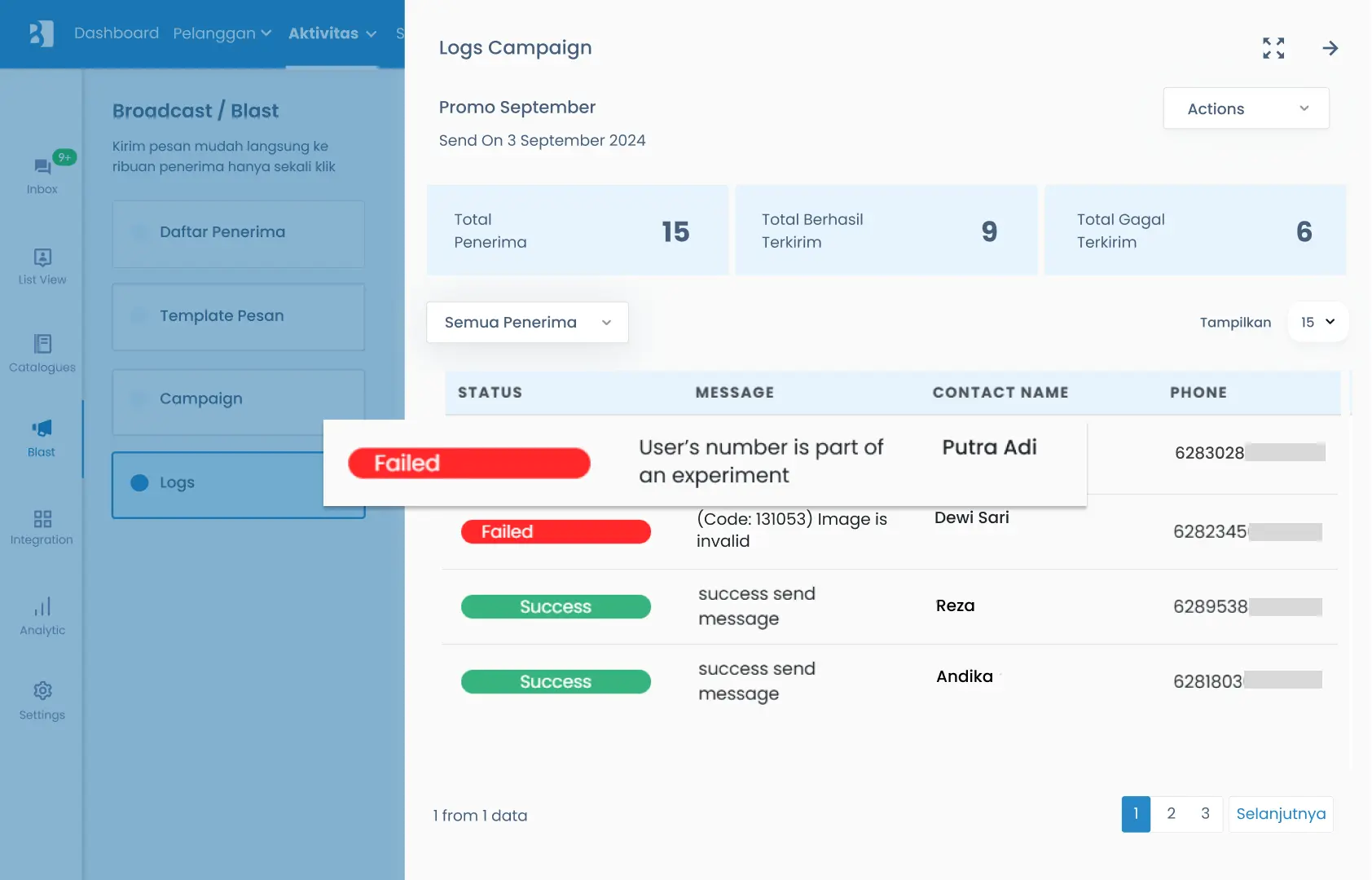 WA Blast gagal terkirim - user's number is part of an experiment